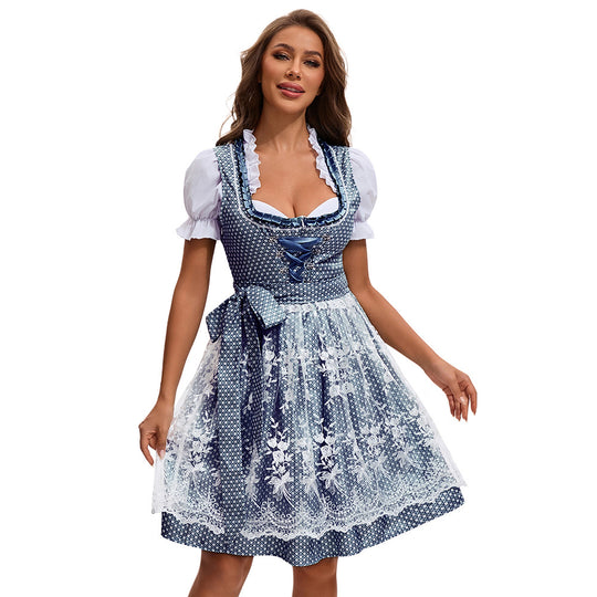 Damen nan traditionelles kurzes Dirndl mit Spitzenapron, Herzausschnitt, Puffärmeln und Schnürung Shop Nory