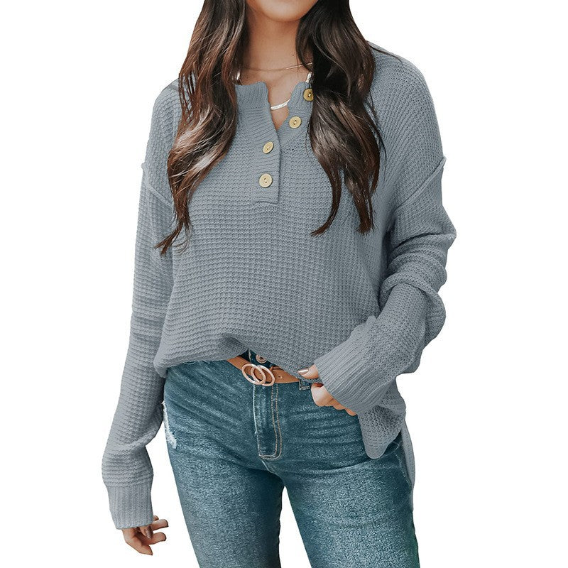 Damen nan lockerer Waffelstruktur Henley Pullover mit Knopfleiste und überschnittener Schulter Shop Nory