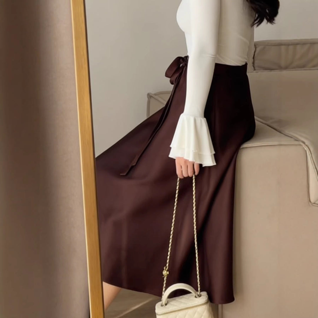 Damen Hochtaillierter A-Linien Midirock mit Bindegürtel und Satin-Finish Shop Nory