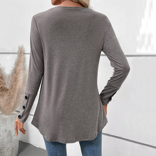 Damen Längeres V‑Ausschnitt‑Tunika‑Shirt mit Zierknöpfen, Kellerfalte und ausgestelltem Saum Shop Nory