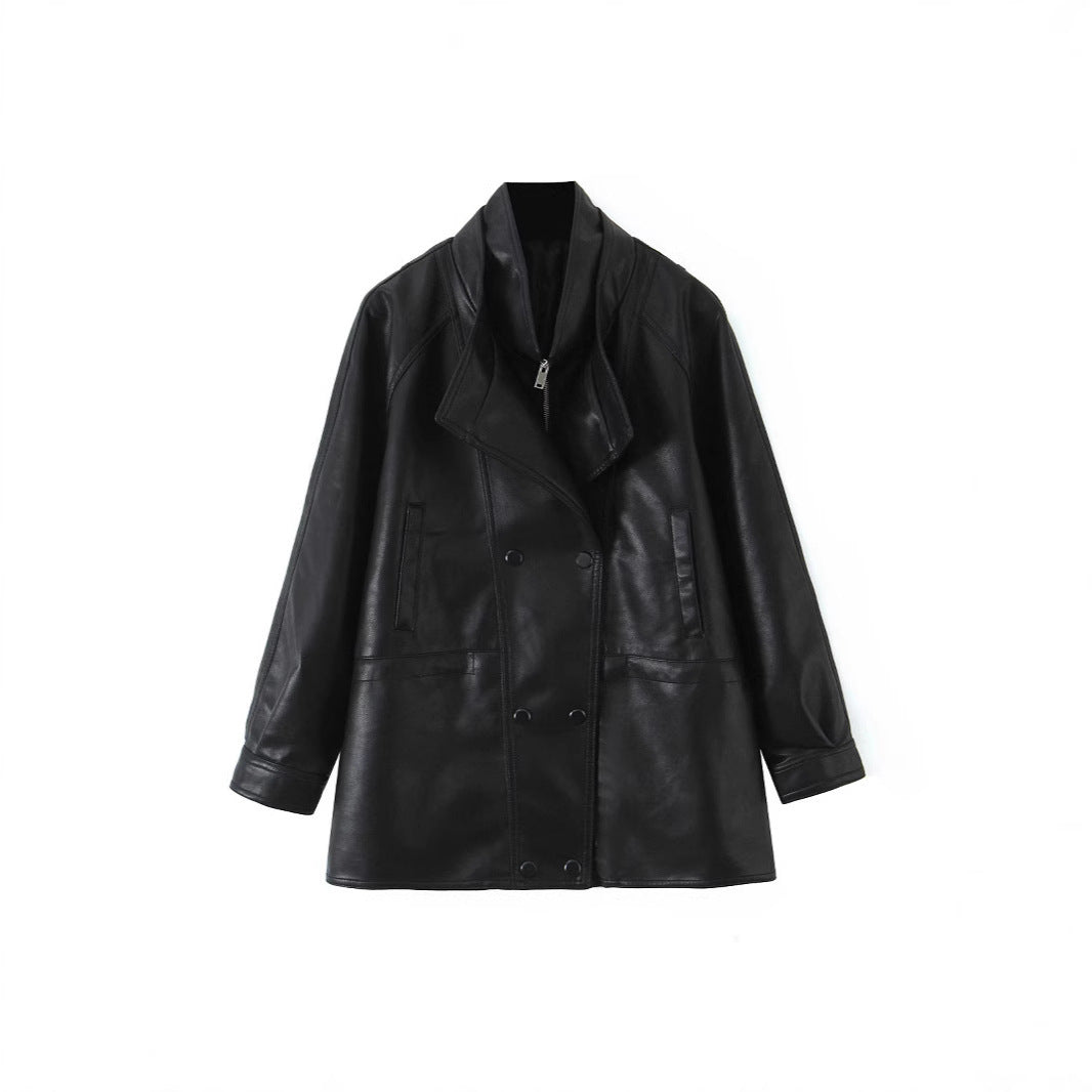 Damen Oversized Kunstlederjacke mit hohem Stehkragen und doppelreihiger Knopfleiste Shop Nory