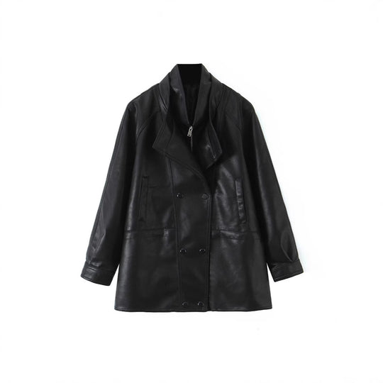 Damen Oversized Kunstlederjacke mit hohem Stehkragen und doppelreihiger Knopfleiste Shop Nory