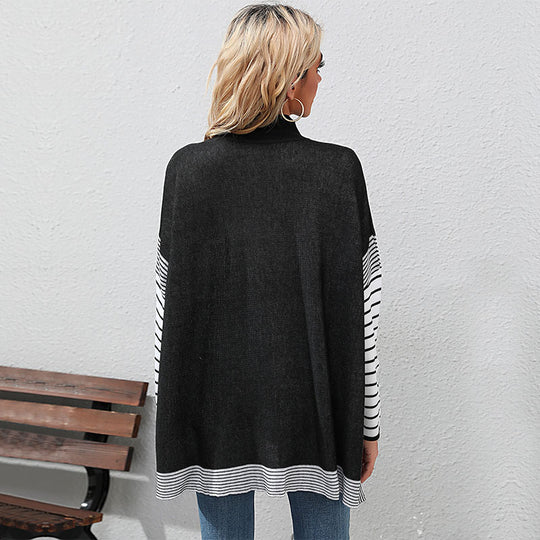 Damen Oversize Strickpullover mit Stehkragen und gestreiften Raglanärmeln Shop Nory