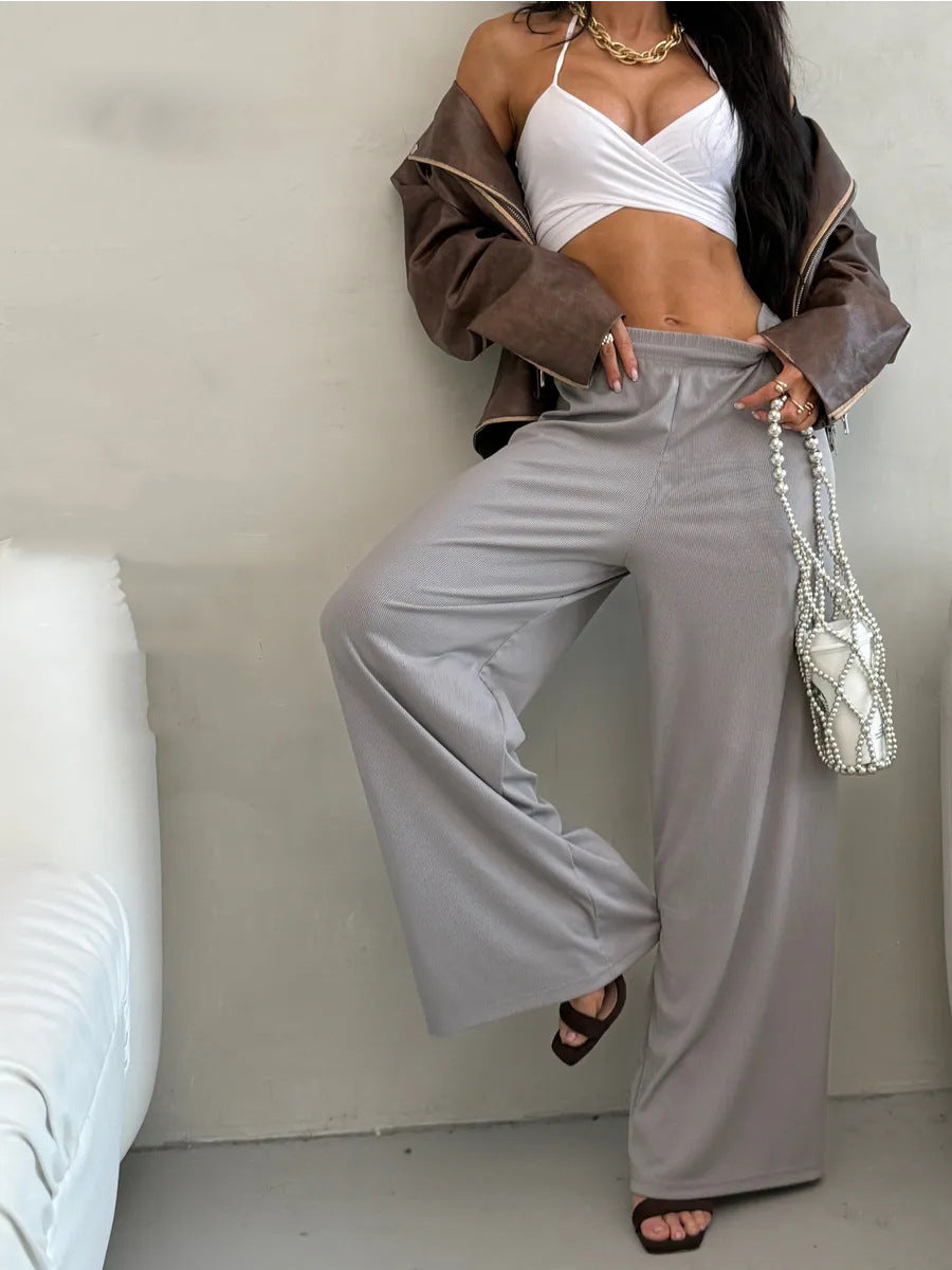 Damen weite High-Waist Palazzo-Hose aus geripptem Jersey mit elastischem Bund Shop Nory