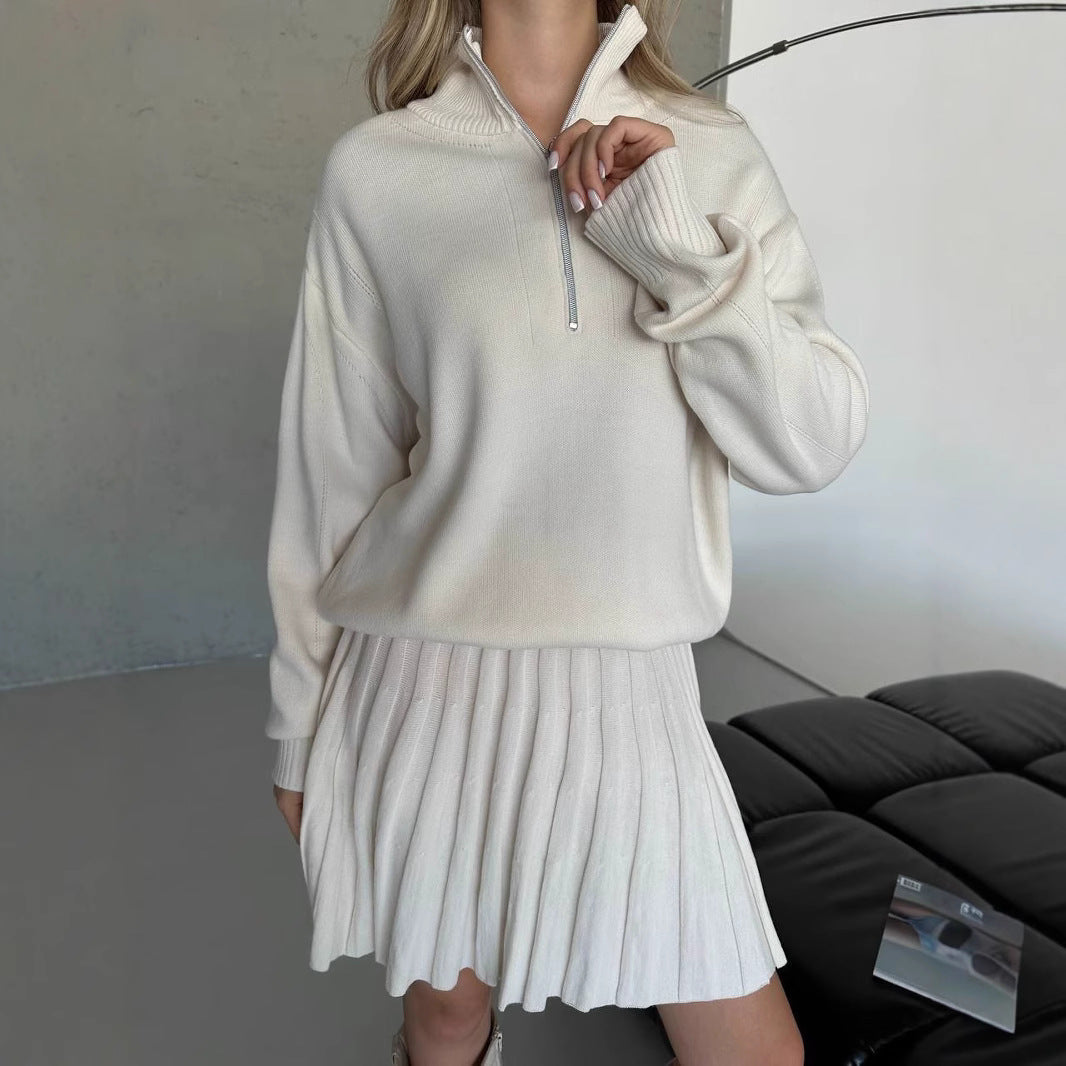Damen gemütliches Strick-Set mit Reißverschluss-Pullover und plissiertem Rock Shop Nory