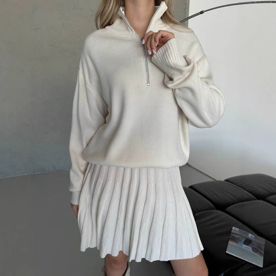 Damen gemütliches Strick-Set mit Reißverschluss-Pullover und plissiertem Rock Shop Nory