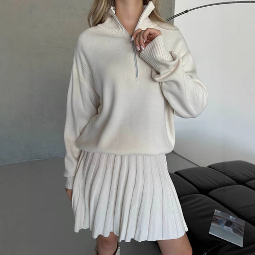 Damen gemütliches Strick-Set mit Reißverschluss-Pullover und plissiertem Rock Shop Nory