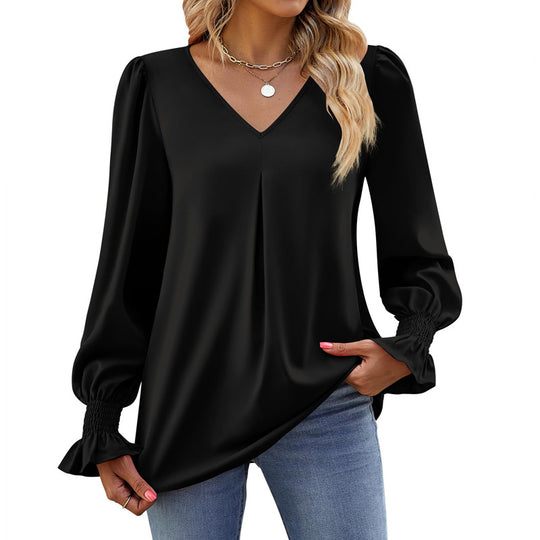 Damen V-Ausschnitt Bluse mit Kellerfalte und gerafften Manschetten Shop Nory