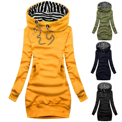 Damen Hoodie-Midi-Kleid mit weitem Funnel-Neck, gestreifter Innenseite und Kängurutaschen Shop Nory