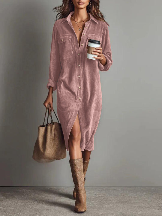 Damen Hemdblusenkleid aus Cord mit Brusttaschen, Knopfleiste und Schlitze Shop Nory