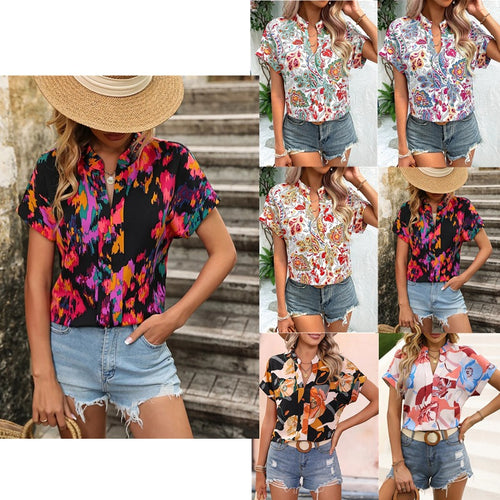 Damen Leichte Oversize Tunika‑Bluse mit Stehkragen, Cap‑Ärmeln und großem Blumenprint Shop Nory