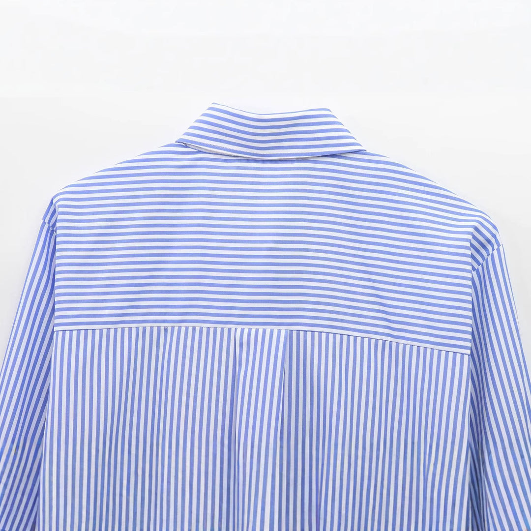 Damen Oversized Hemdbluse mit vertikalem Nadelstreifen, übergroßen Manschetten und Schmuckknöpfen Shop Nory