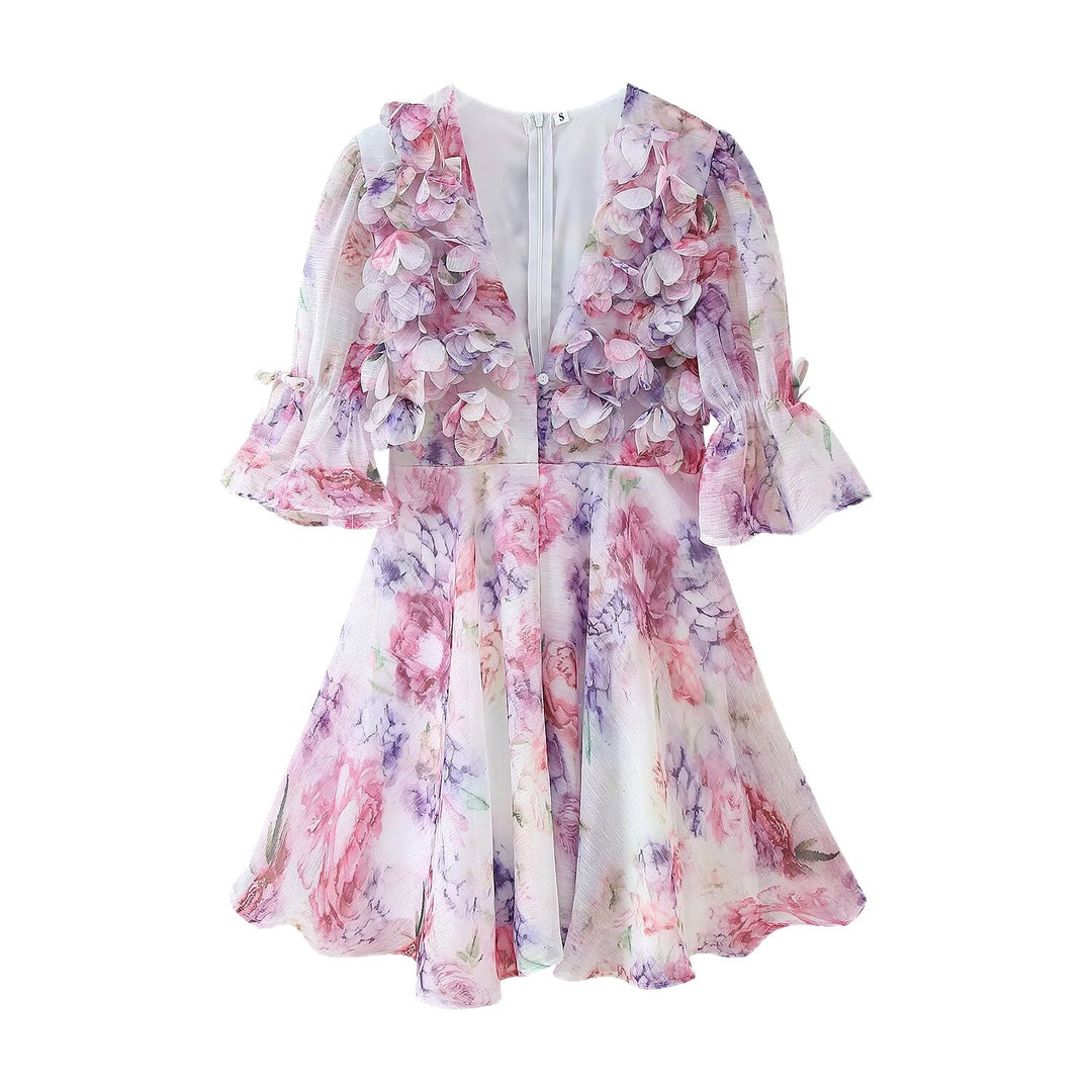 Damen Romantisches Plissiertes Chiffon-Minikleid mit tiefem V-Ausschnitt und Volant-Puffärmeln Shop Nory