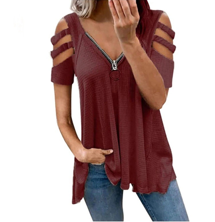 Damen lässiges Oberteil mit modischen Cut-Out-Details und Reißverschluss Shopnory