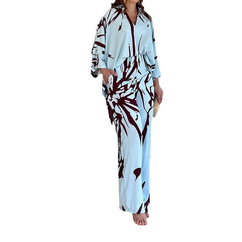 Damen Gemustertes Kimono-Lounge-Set mit weitem Palazzohose aus leichtem Viskose-Mix Shop Nory