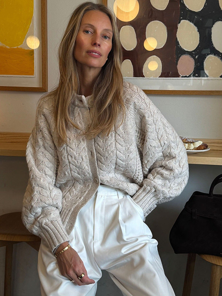 Damen Grobgestrickte Zopfmuster-Strickjacke mit Ballonärmeln Shop Nory