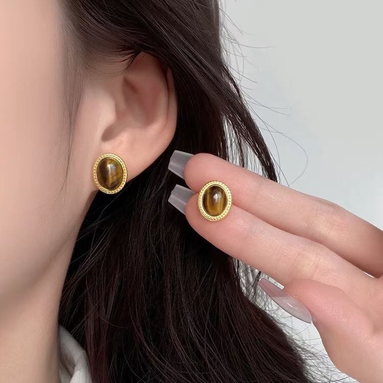 Damen Elegante Ovale Schwarze Stein Ohrstecker Shop Nory