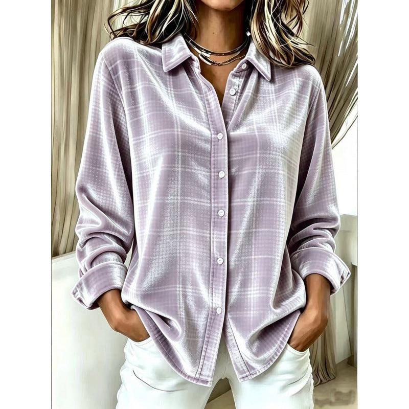Damen Samt-Hemdbluse mit Karomuster und lockerem Oversize-Schnitt Shop Nory