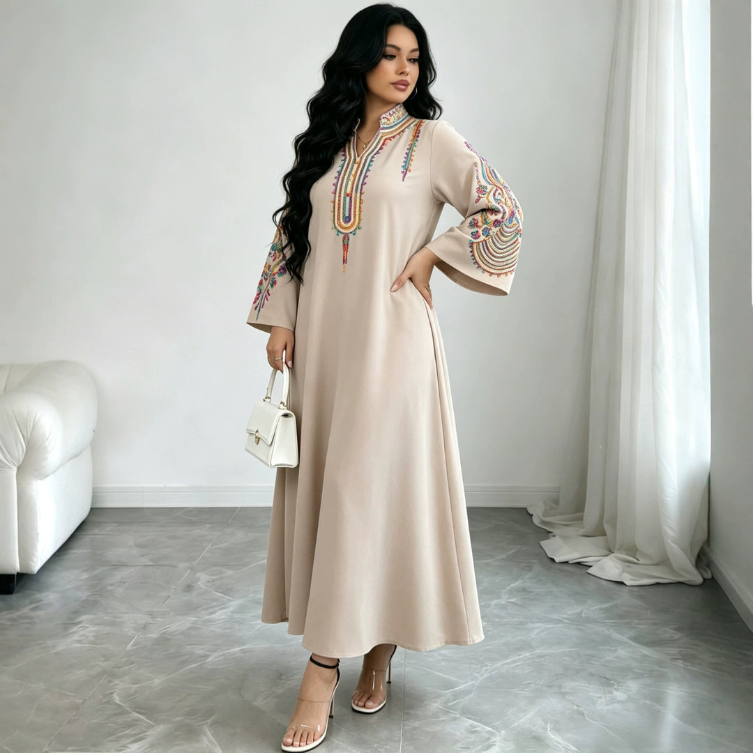Damen Besticktes Maxikleid im Kaftan-Stil mit Stehkragen und Glockenärmeln Shop Nory