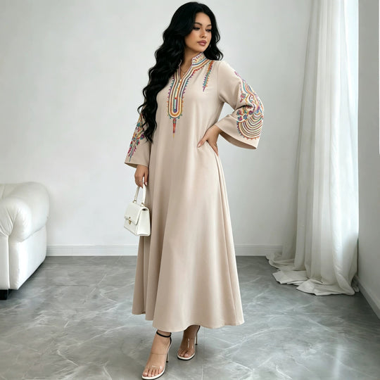 Damen Besticktes Maxikleid im Kaftan-Stil mit Stehkragen und Glockenärmeln Shop Nory