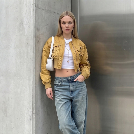 Damen Kurz geschnittene Utility-Bomberjacke mit praktischen Taschen und Rippenbündchen Shop Nory