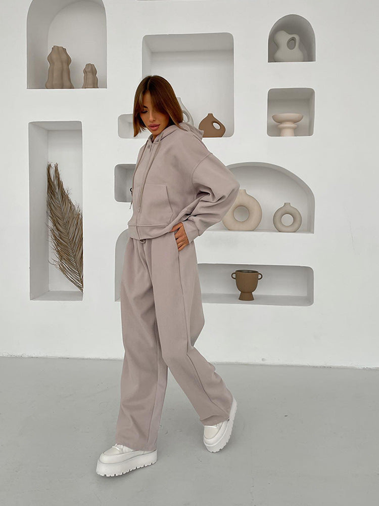 Damen lässiges Kapuzen-Sweatshirt mit Reißverschluss und weiten High-Waist Jogginghose Shop Nory