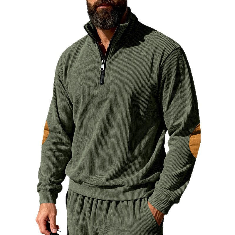 Herren Cord-Struktur-Halbzip-Pullover im Relaxed-Fit mit Stehkragen und Ellbogen-Patch Shop Nory