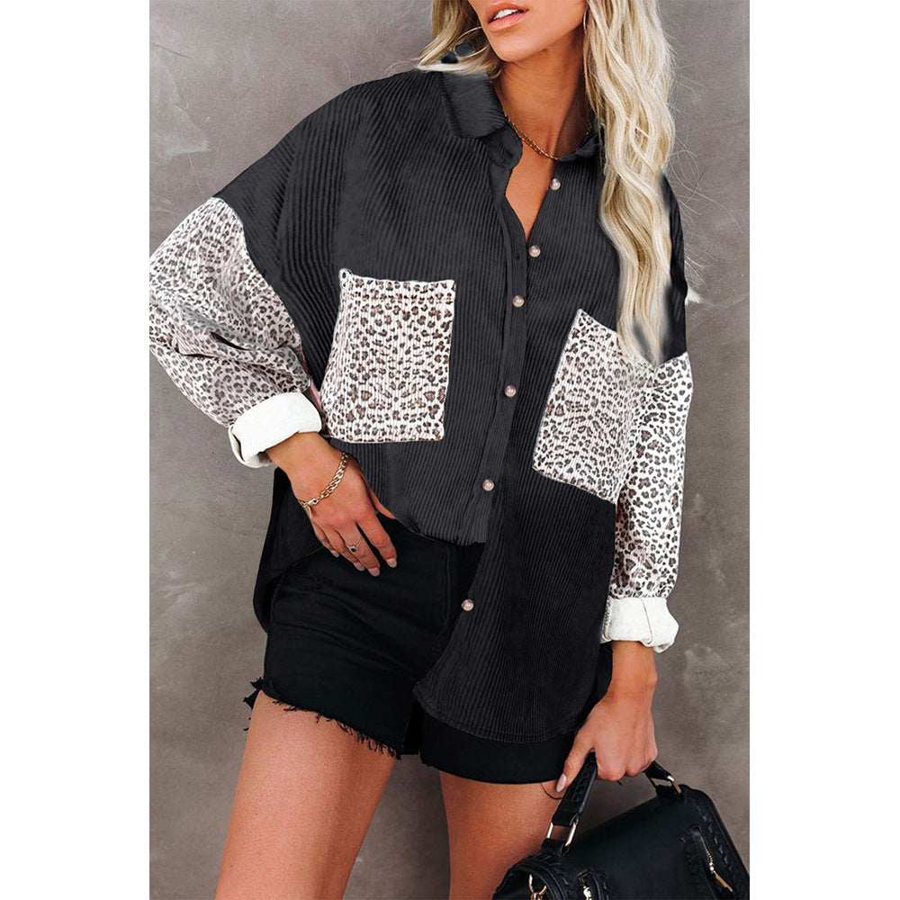 Damen Oversize-Cordhemd mit durchgehender Knopfleiste, Leo-Kontrastärmeln und aufgesetzten Taschen Shop Nory