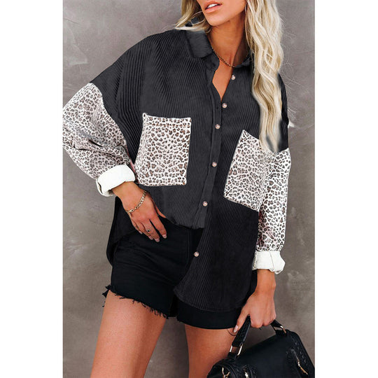 Damen Oversize-Cordhemd mit durchgehender Knopfleiste, Leo-Kontrastärmeln und aufgesetzten Taschen Shop Nory