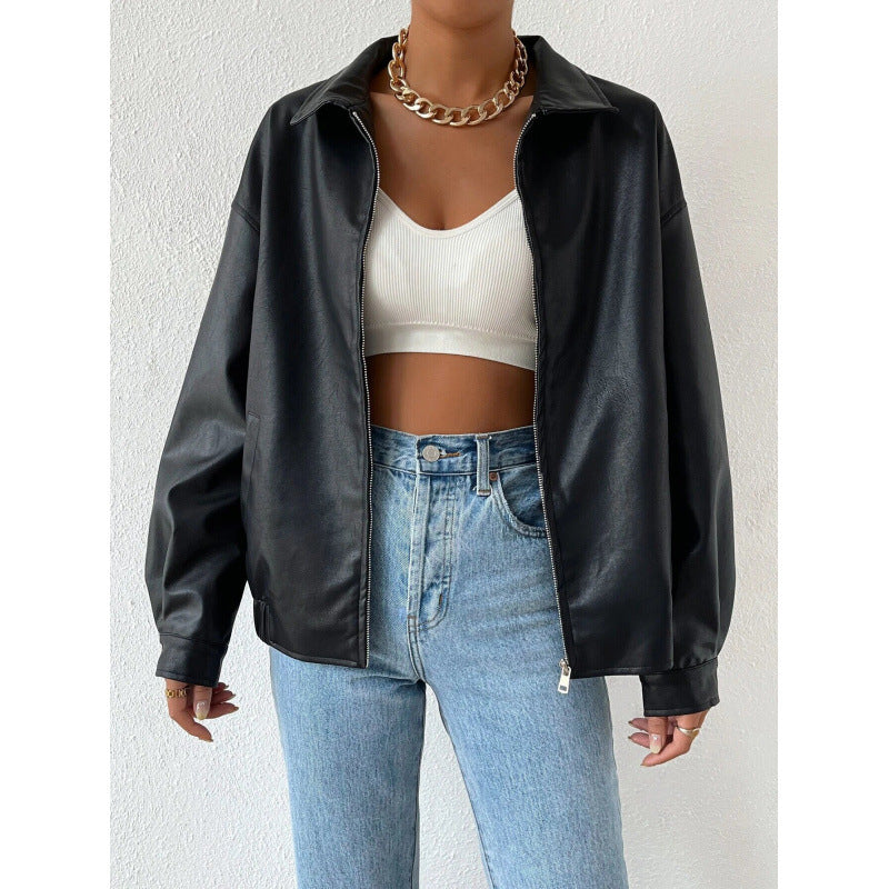Damen Oversized Kunstleder-Blouson mit Reißverschluss und Hemdkragen Shop Nory