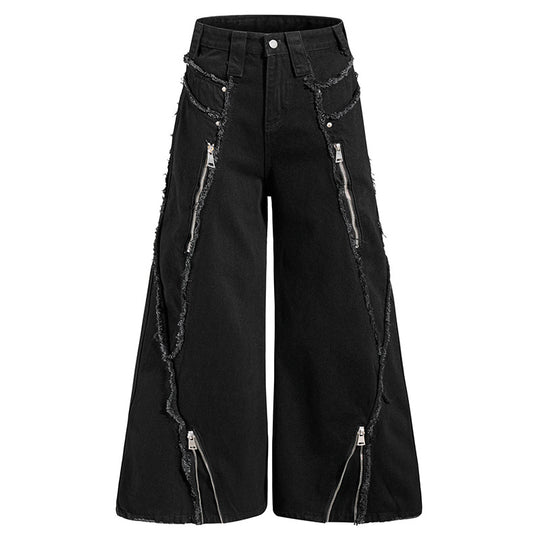 Damen weite Denim-Culotte mit Fransen-Details und Zipper-Akzenten Shop Nory