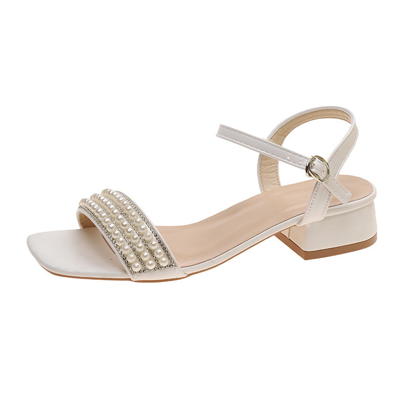 Damen elegante Sandalen mit Perlenverzierung und niedrigem Blockabsatz