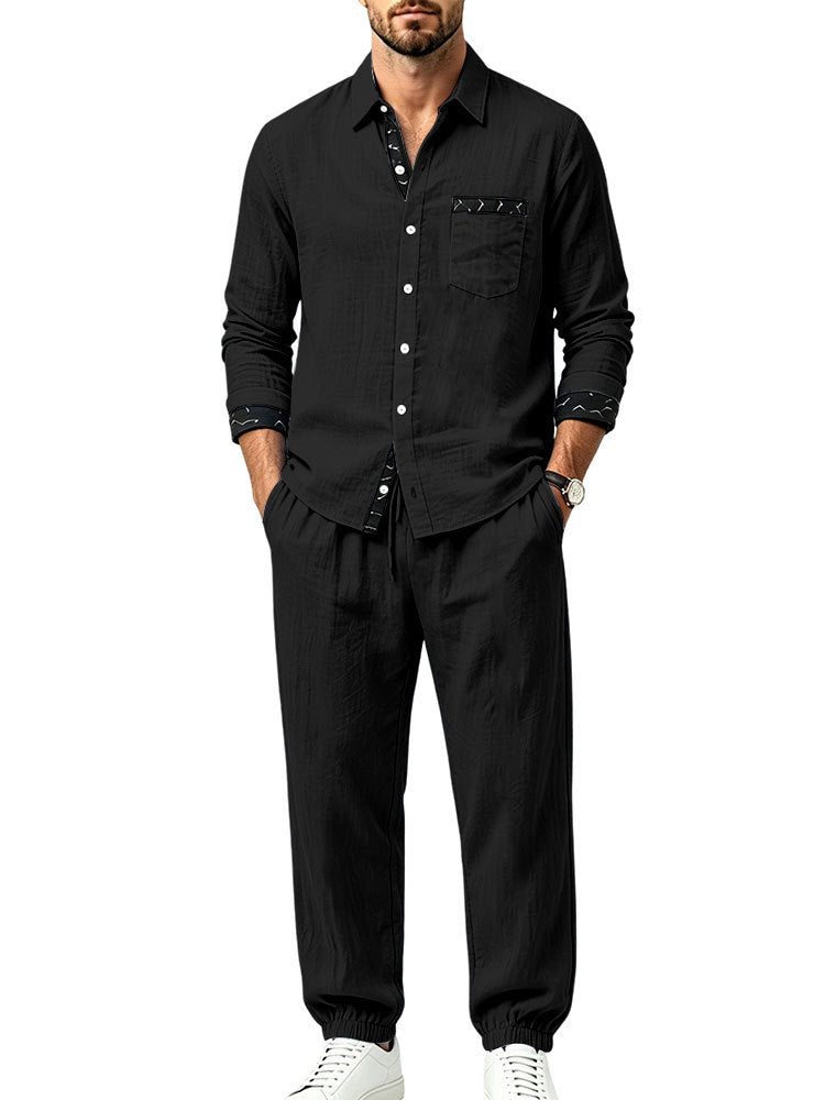 Herren Leichter Baumwoll-Loungewear-Zweiteiler mit Hemd und Kordel-Jogger Shop Nory