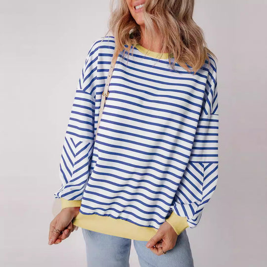Damen lässiges gestreiftes Sweatshirt mit Boxy-Schnitt und kontrastierenden Abschlüssen Shop Nory