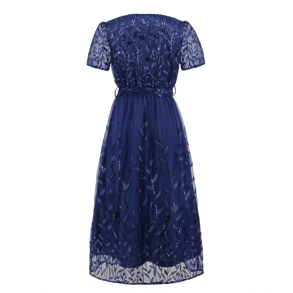 Kurzärmliges Kreuz V-Ausschnitt Gürtel Midi Kleid