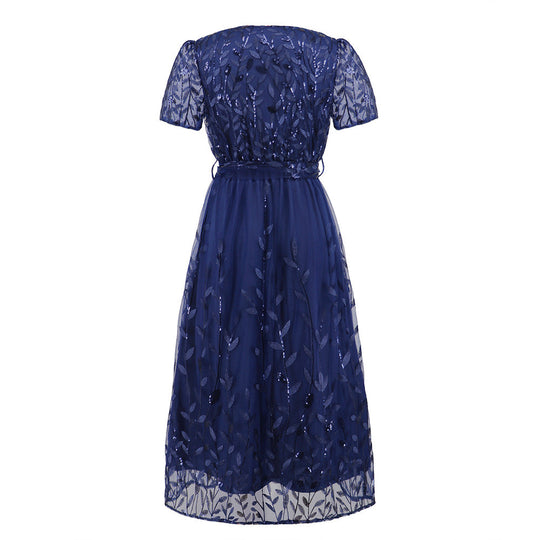 Kurzärmliges Kreuz V-Ausschnitt Gürtel Midi Kleid