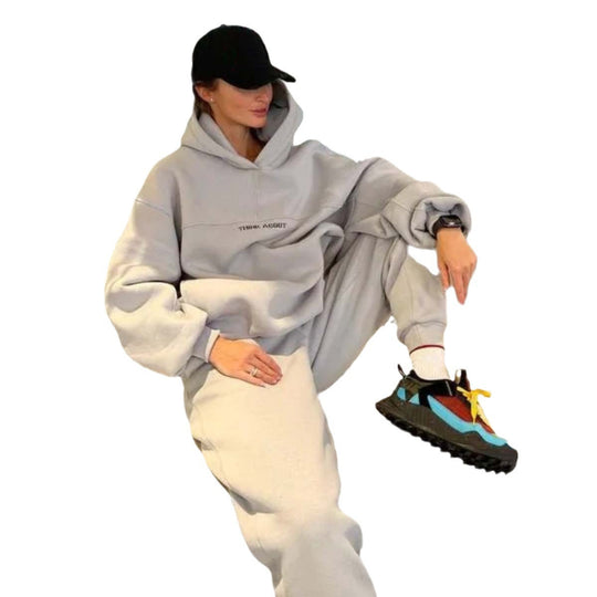 Damen Oversized Kapuzenpullover mit Statement-Print und elastischer High-Waist Jogginghose Set Shop Nory