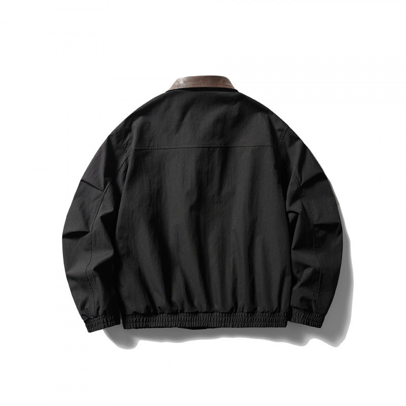 Herren Locker geschnittene Zip-Jacke mit Kontrastkragen aus Lederimitat und elastischem Saum Shop Nory