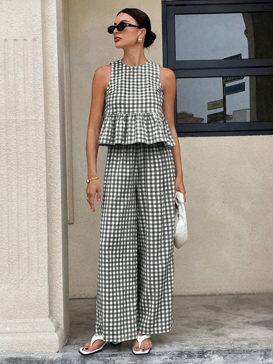 Damen Zweiteiliges Vichy-Karo-Set mit tailliertem Volanttop und weiter Palazzo-Hose Shop Nory