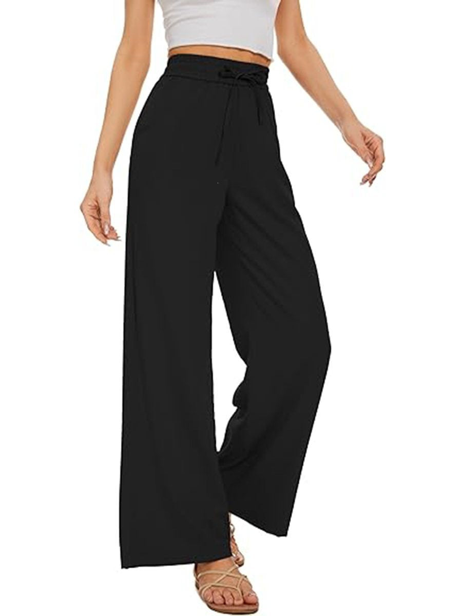 Damen Weite Leinenhose mit hohem elastischem Bund, Kordelzug und Eingrifftaschen Shop Nory