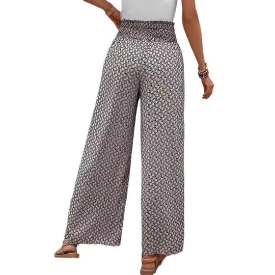 Damen nan weite Sommer-Palazzohose mit gerafftem Komfortbund, fließender Beinweite und geometrischem Allovermuster