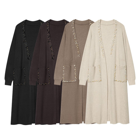 Damen langer Strickcardigan mit Perlenverzierung und aufgesetzten Taschen Shop Nory