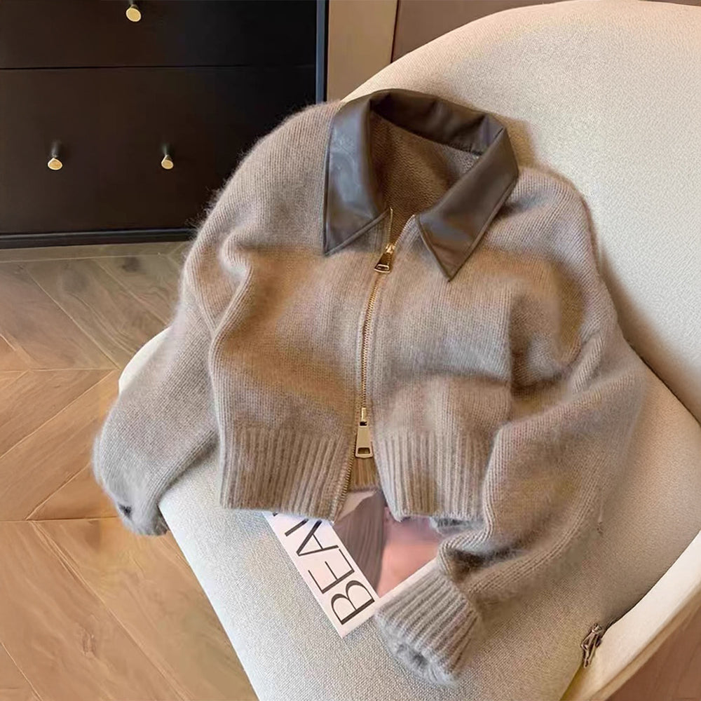 Damen nan kurz geschnittener Strickblouson mit Kunstlederkragen und goldfarbenem Metallreißverschluss Shop Nory