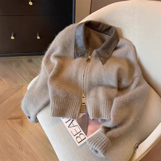 Damen nan kurz geschnittener Strickblouson mit Kunstlederkragen und goldfarbenem Metallreißverschluss Shop Nory