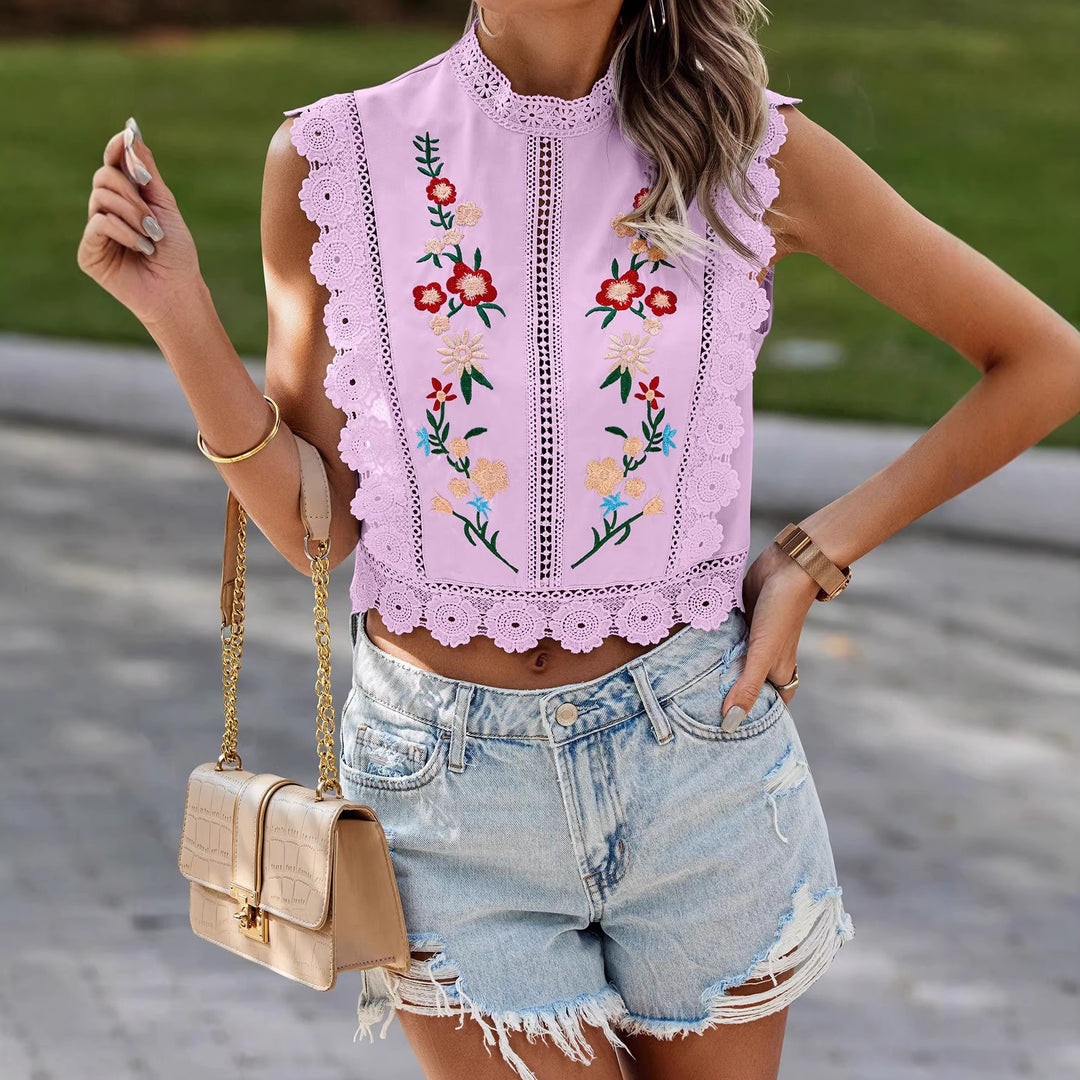 Damen Besticktes Spitzen-Cropped-Top mit Stehkragen und Häkelkanten Shop Nory