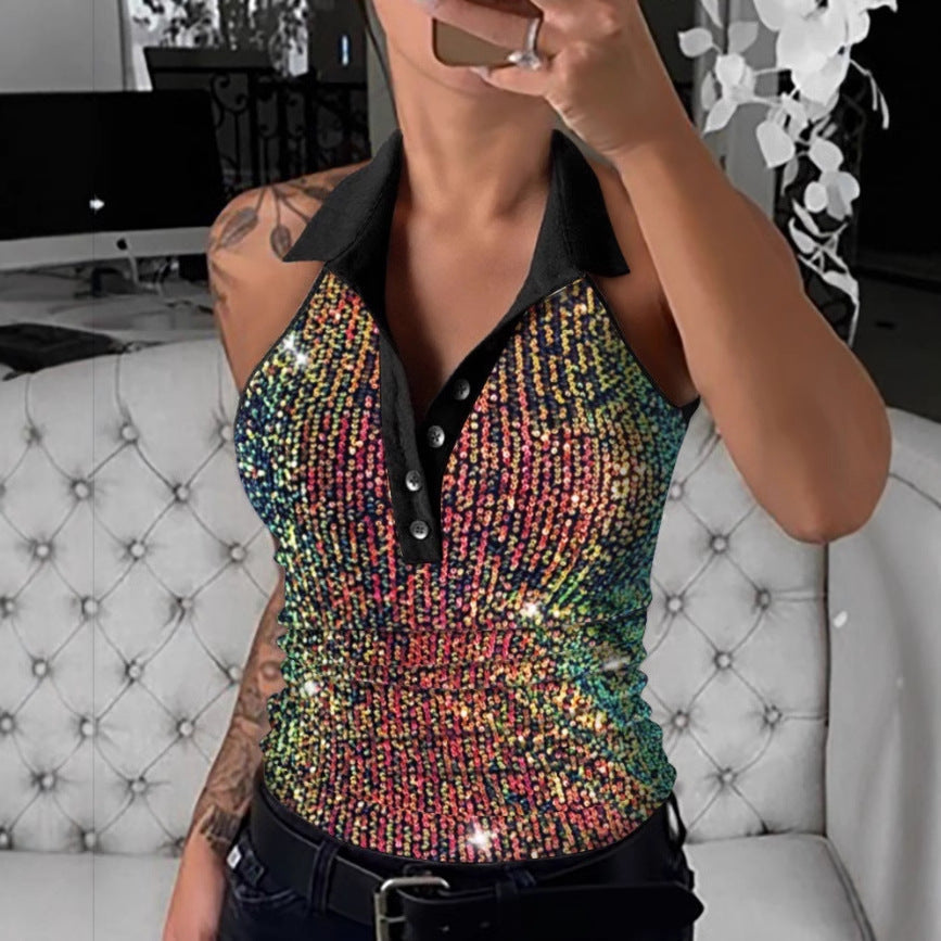 Damen Glitzerndes Poloshirt mit Leopardenmuster