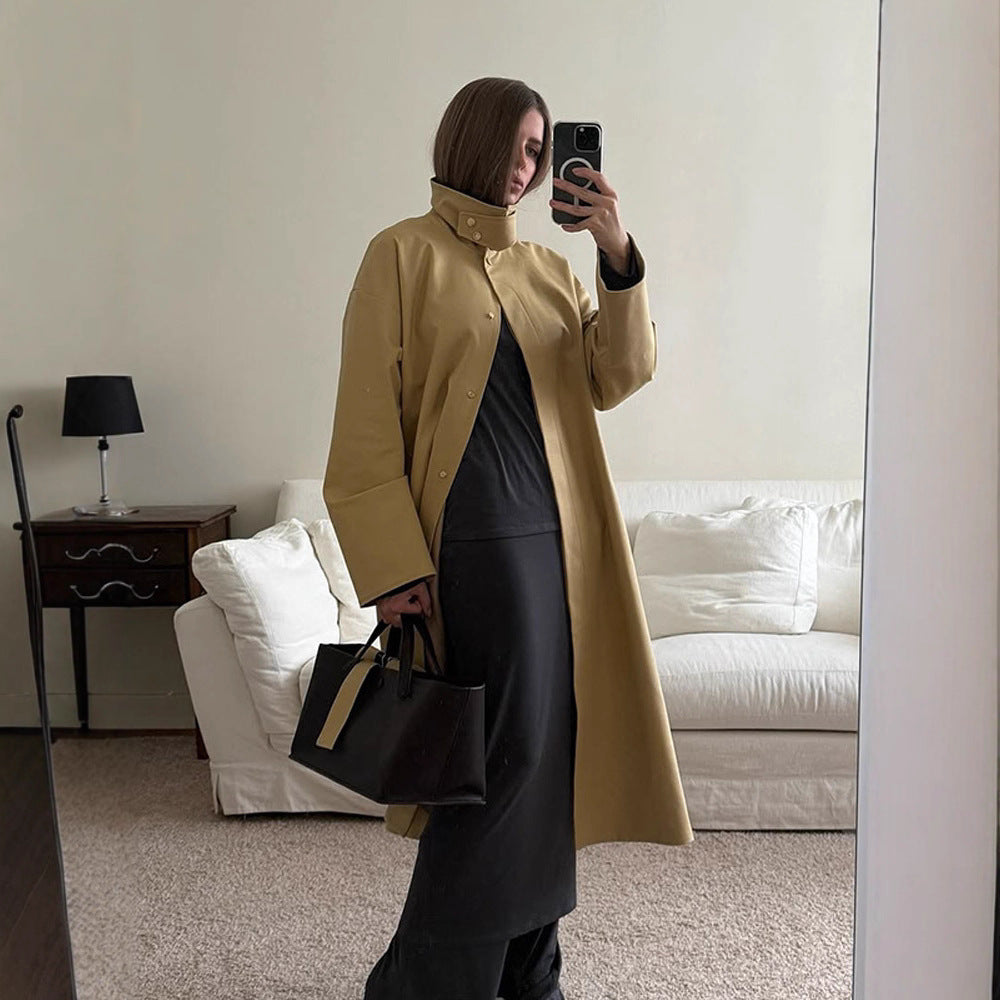Damen Maxilanger Oversize-Trenchcoat mit Stehkragen und verdeckter Druckknopfleiste Shop Nory