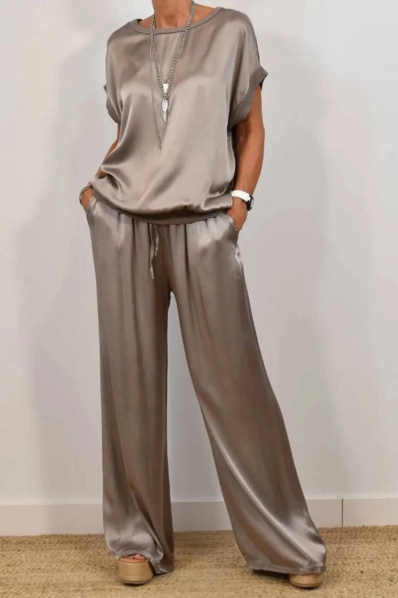 Damen Elegantes Satin Lounge-Set mit weitem Schnitt und lässigem Oberteil