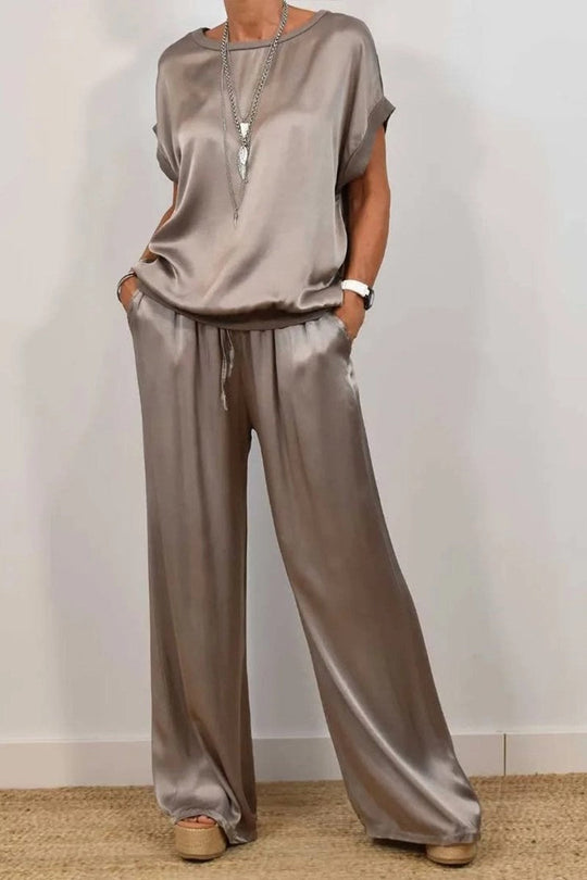 Damen Elegantes Satin Lounge-Set mit weitem Schnitt und lässigem Oberteil