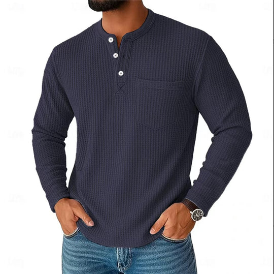 Herren Langarm Henley mit Waffelstruktur und Brusttasche thermisches Langarmshirt Shop Nory